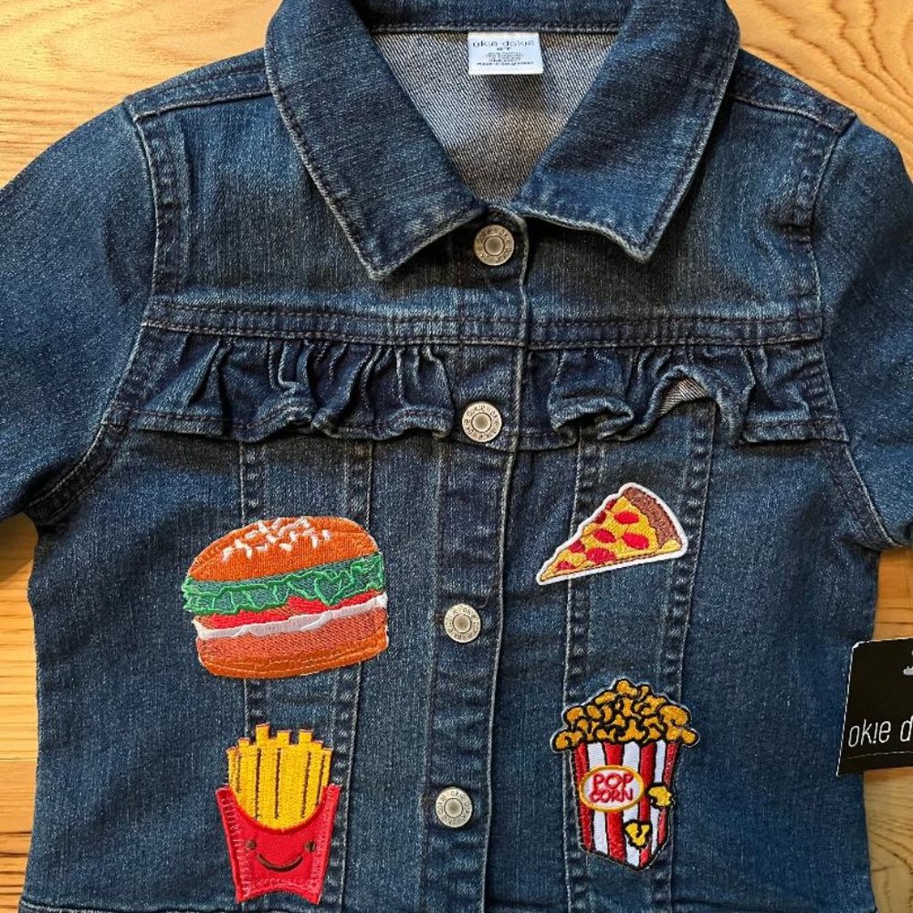 NWT Girls Ruffled Blue Jean Jacket, 5 T, Food Patches & Appliques